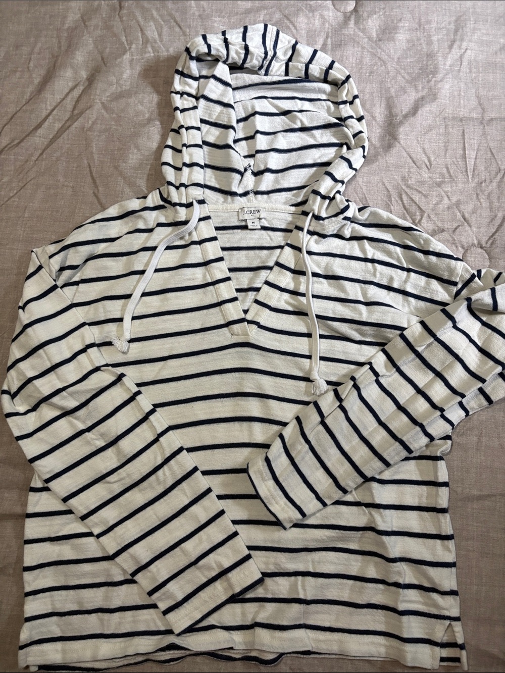 J. Crew Women’s Cream and Navy Striped V-Neck Hooded Sweater